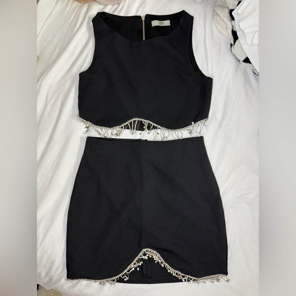 VINTAGE Black Rhinestone-Trim Two-Piece Mini Dress Set